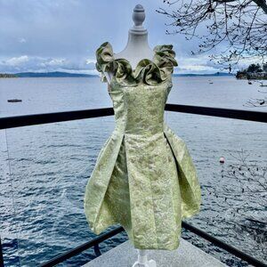 Vintage 60s Light Green Beige Floral Shimmer Mini Party Dress